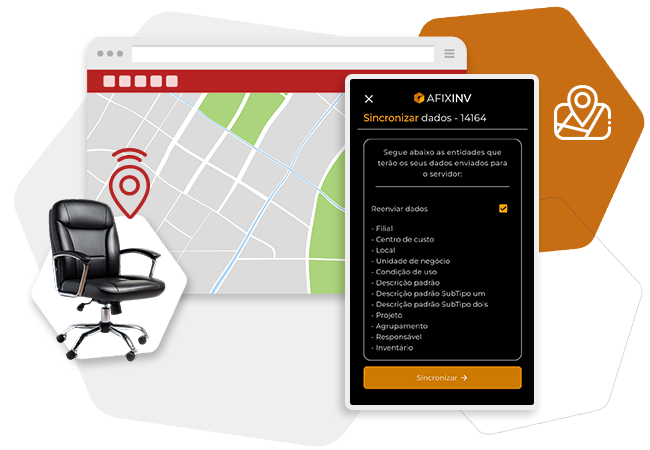 Interface do app Afixinv exibindo sincronização de dados para inventário com o app Afixinv e localização de ativo no mapa