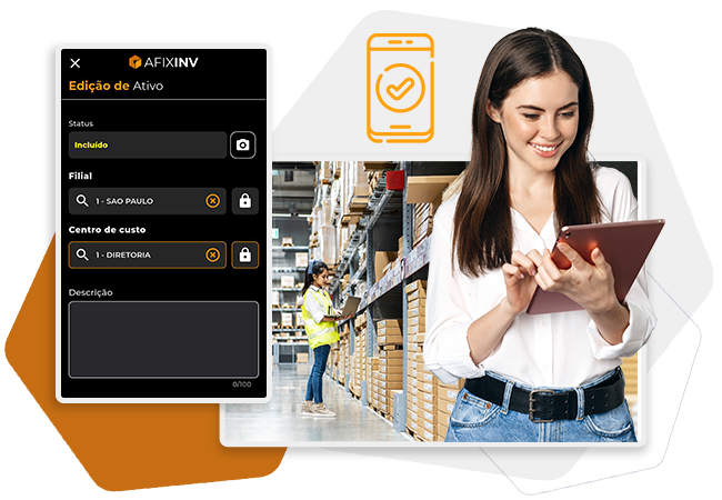 Profissional utilizando tablet em estoque com app Afixinv exibindo edição de ativo e dados disponíveis para consulta online