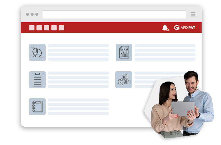 Interface do software Afixpat com painel de funcionalidades e usuários analisando dados em tablet no sistema